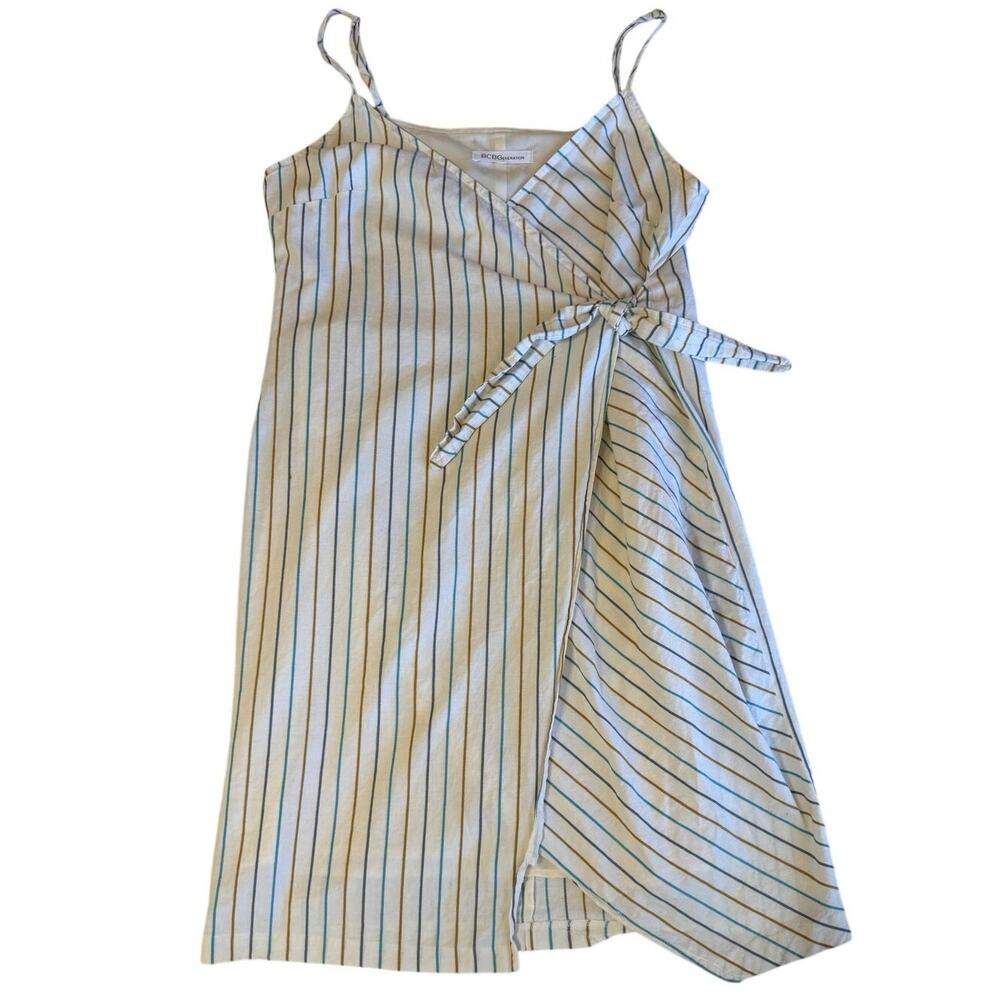 BCBGeneration Boho Striped Spaghetti Strap Mini Wrap Dress Summer Style Y2K Lg